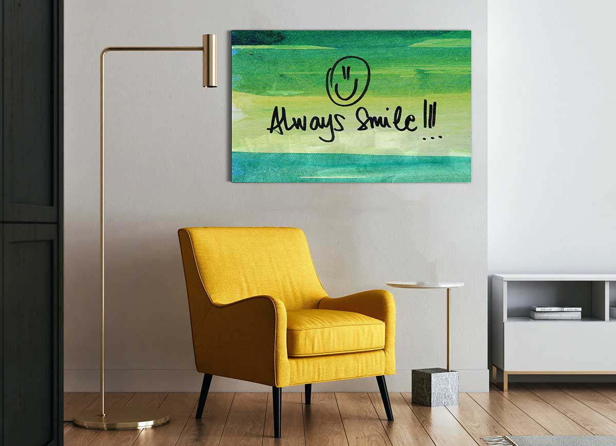 Always Smile glass print featuring modern design and uplifting message, perfect for home decor.