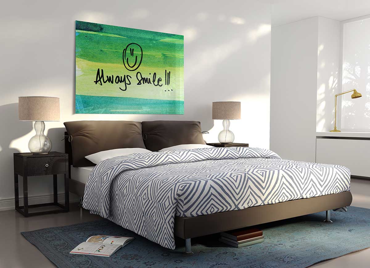 Always Smile glass print featuring modern design and uplifting message, perfect for home decor.