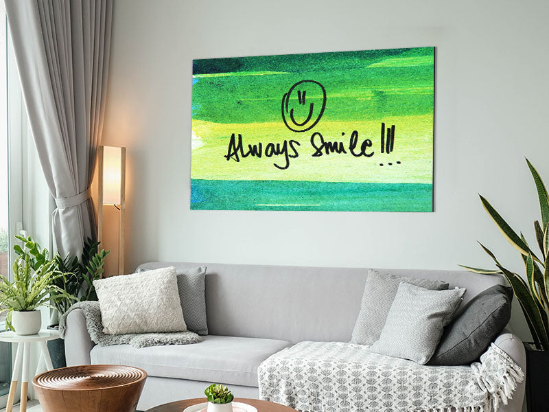 Always Smile art piece printed on brushed aluminium dibond, featuring a modern design with vibrant colors.