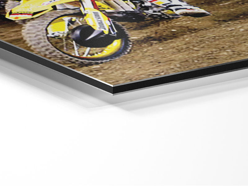 Ama Motorcross artwork printed on brushed aluminium dibond, showcasing vibrant colors and modern design.