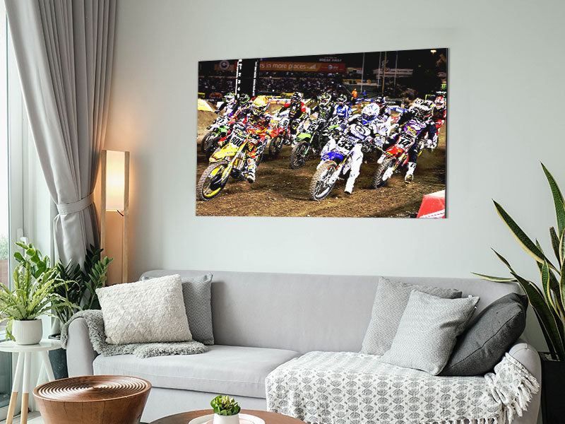 Ama Motorcross artwork printed on brushed aluminium dibond, showcasing vibrant colors and modern design.