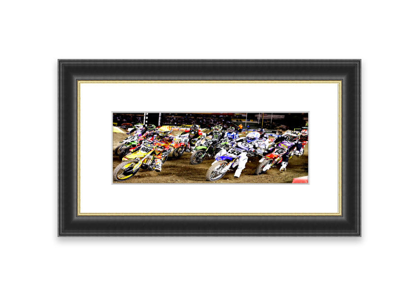 Ama Motorcross framed print showcasing vibrant motocross action, available in various frame colors.