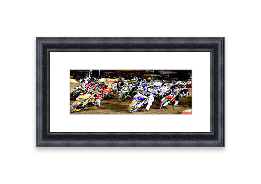 Ama Motorcross framed print showcasing vibrant motocross action, available in various frame colors.