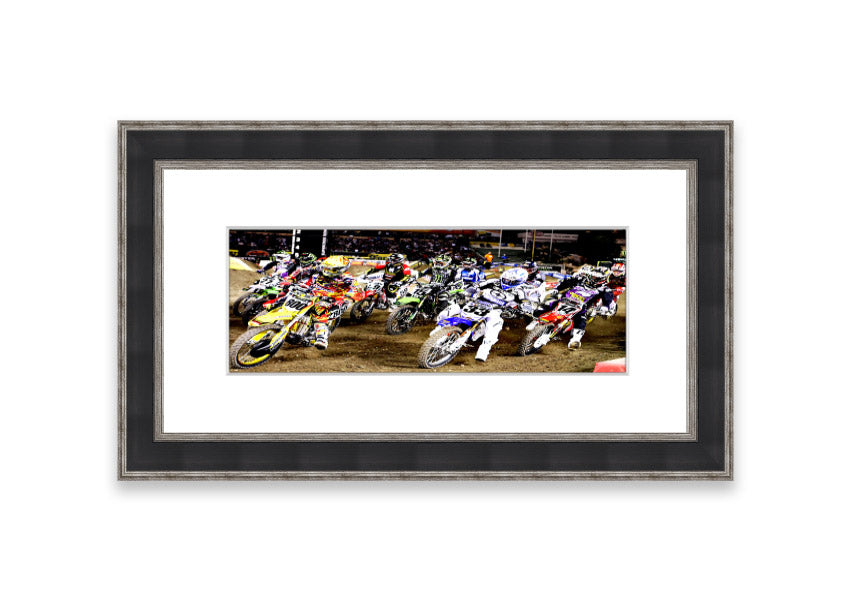 Ama Motorcross framed print showcasing vibrant motocross action, available in various frame colors.