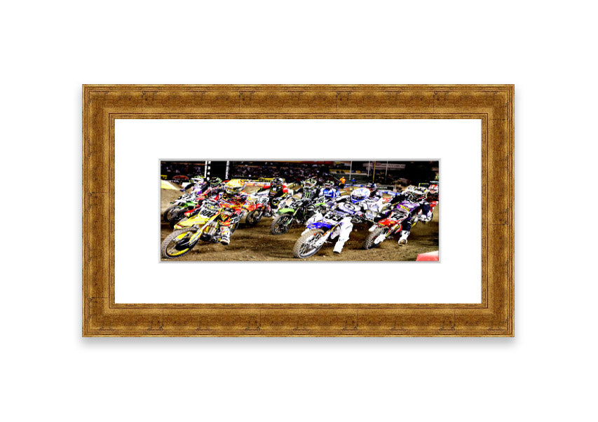 Ama Motorcross framed print showcasing vibrant motocross action, available in various frame colors.