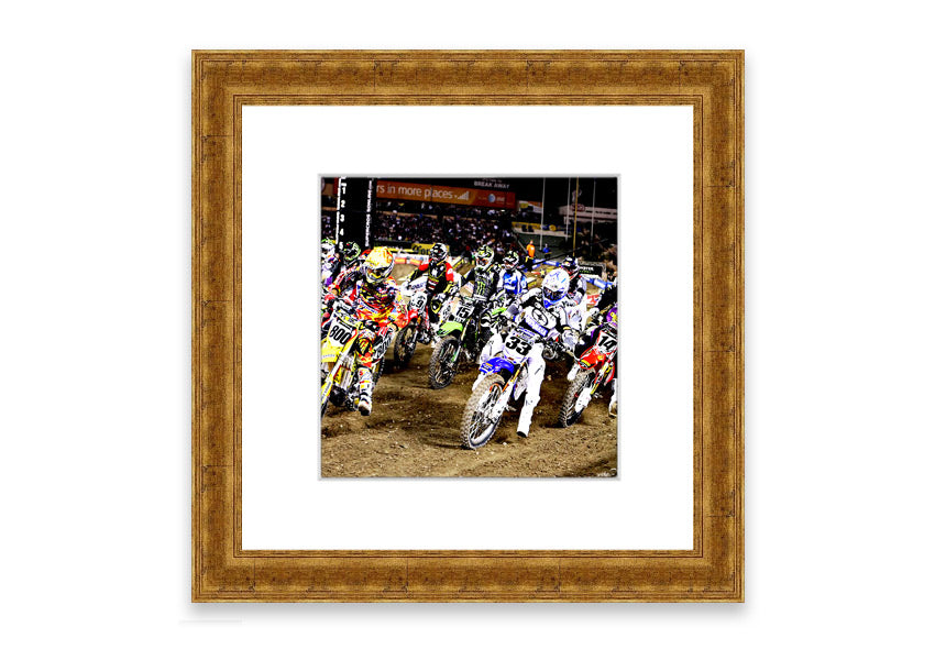 Ama Motorcross framed print showcasing vibrant motocross action, available in various frame colors.