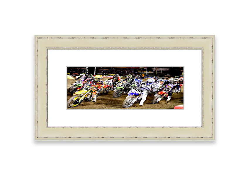 Ama Motorcross framed print showcasing vibrant motocross action, available in various frame colors.