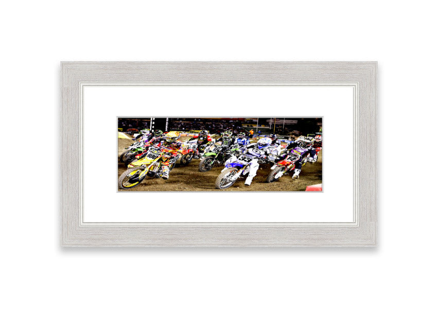 Ama Motorcross framed print showcasing vibrant motocross action, available in various frame colors.