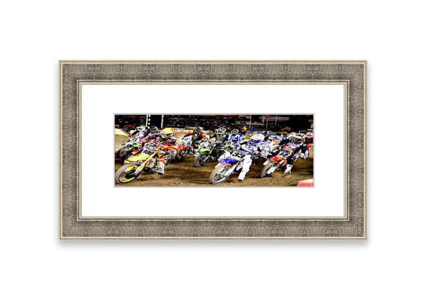 Ama Motorcross framed print showcasing vibrant motocross action, available in various frame colors.