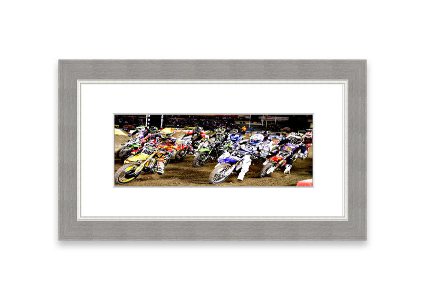 Ama Motorcross framed print showcasing vibrant motocross action, available in various frame colors.