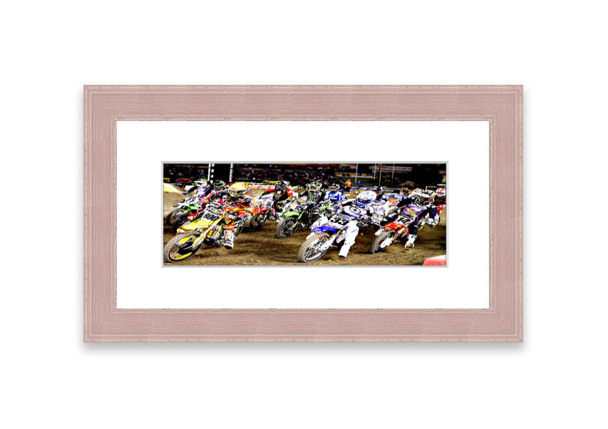 Ama Motorcross framed print showcasing vibrant motocross action, available in various frame colors.