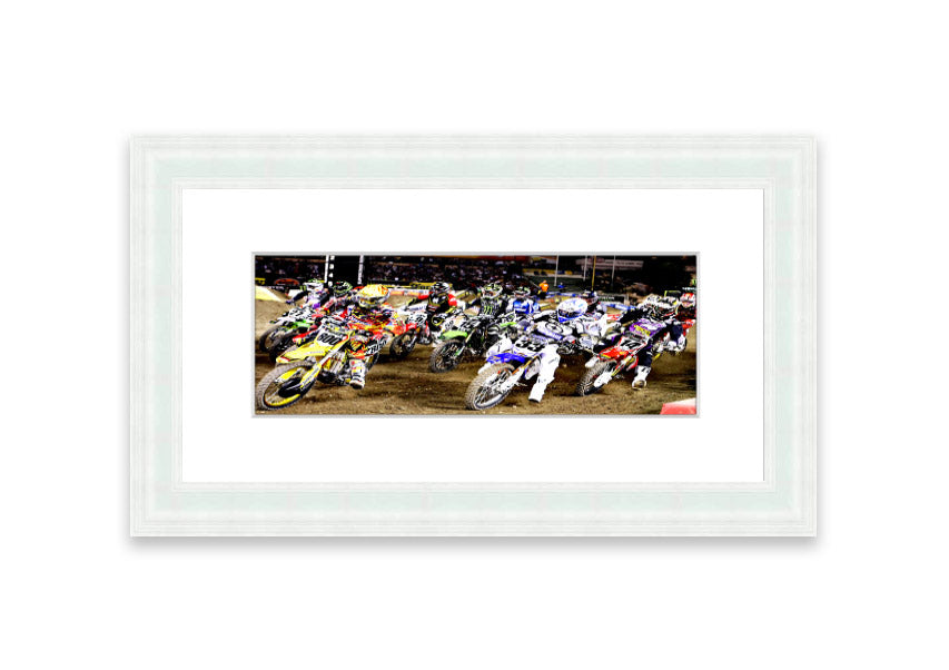 Ama Motorcross framed print showcasing vibrant motocross action, available in various frame colors.