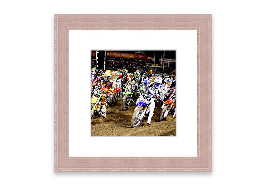 Ama Motorcross framed print showcasing vibrant motocross action, available in various frame colors.