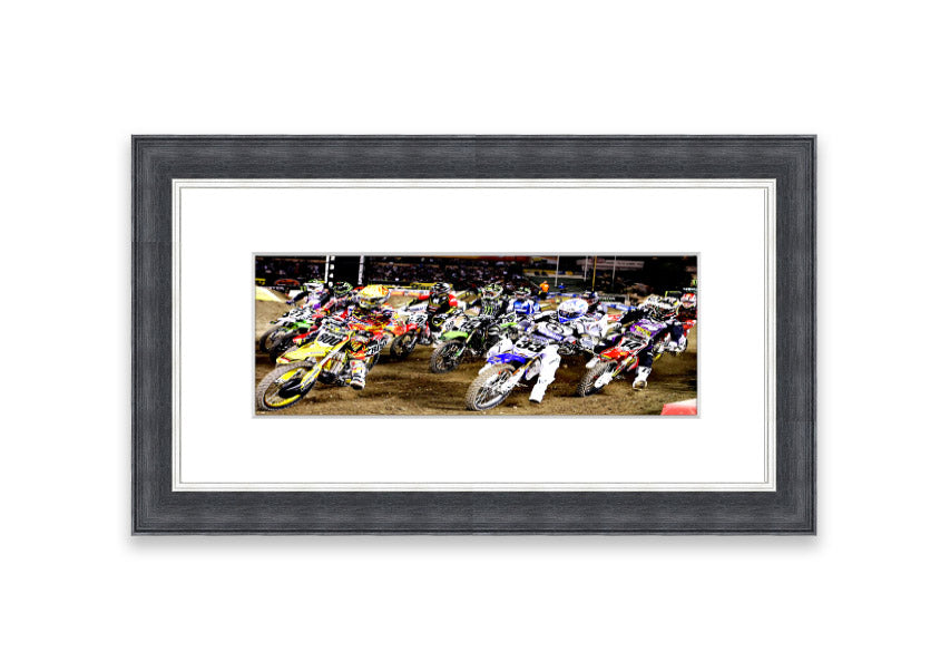 Ama Motorcross framed print showcasing vibrant motocross action, available in various frame colors.