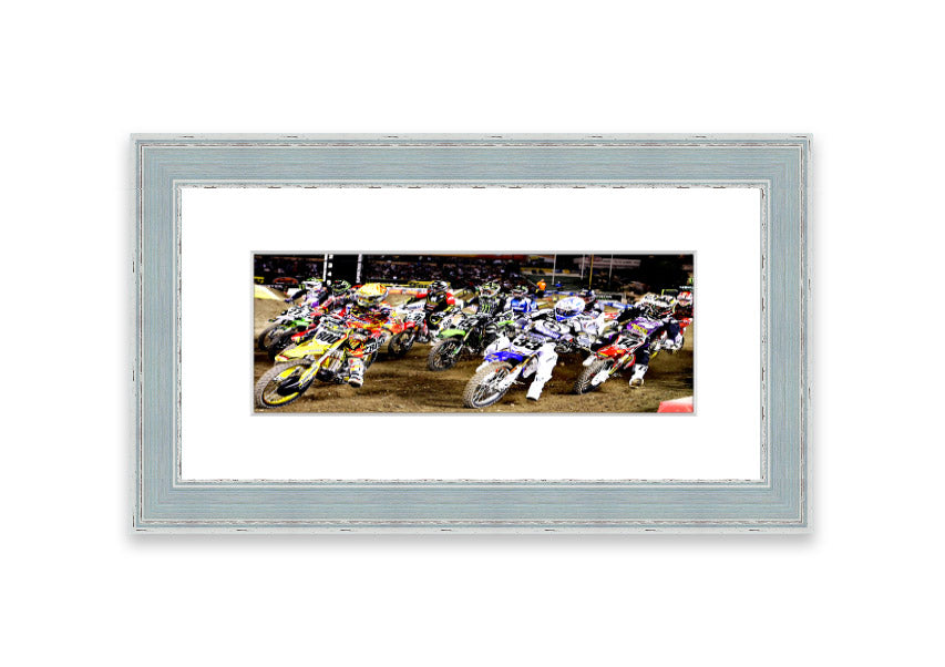 Ama Motorcross framed print showcasing vibrant motocross action, available in various frame colors.