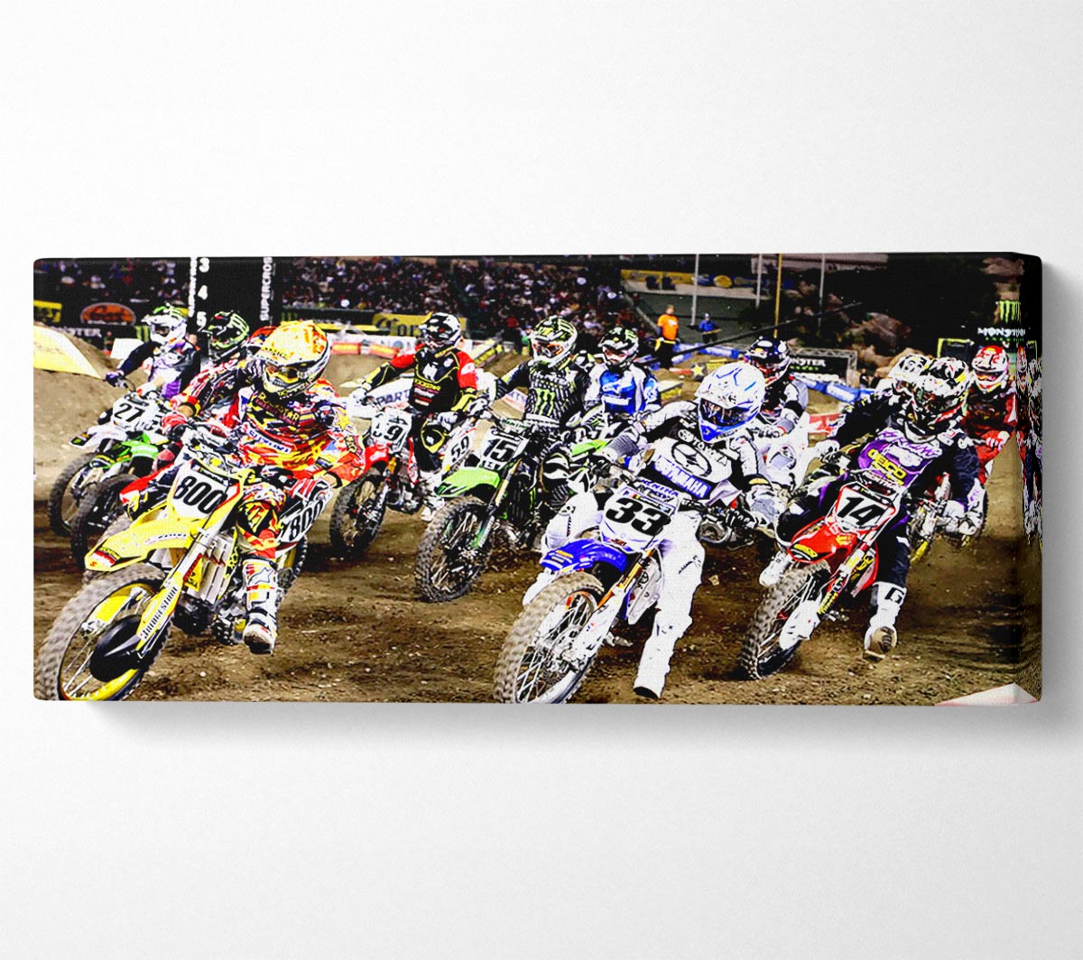 Ama Motorcross canvas art mounted on a 44mm box frame, showcasing vibrant colors and dynamic motocross imagery.