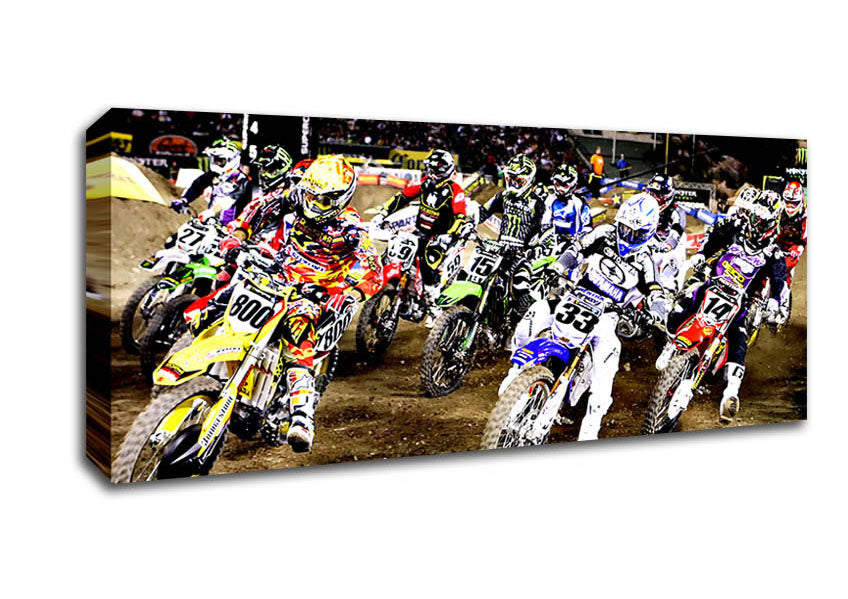 Ama Motorcross canvas art mounted on a 44mm box frame, showcasing vibrant colors and dynamic motocross imagery.