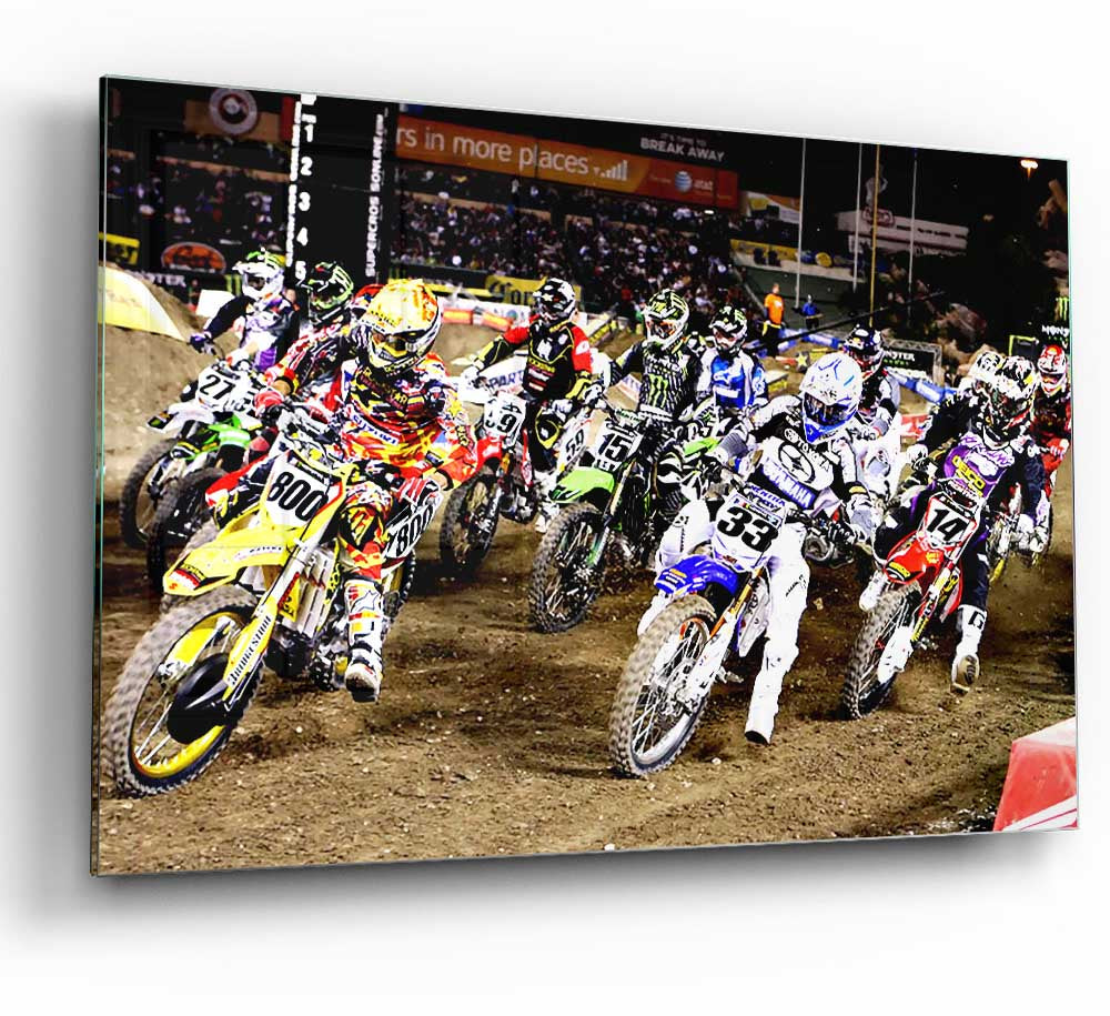 Ama Motorcross glass print featuring vibrant colors and modern design, perfect for stylish home decor.