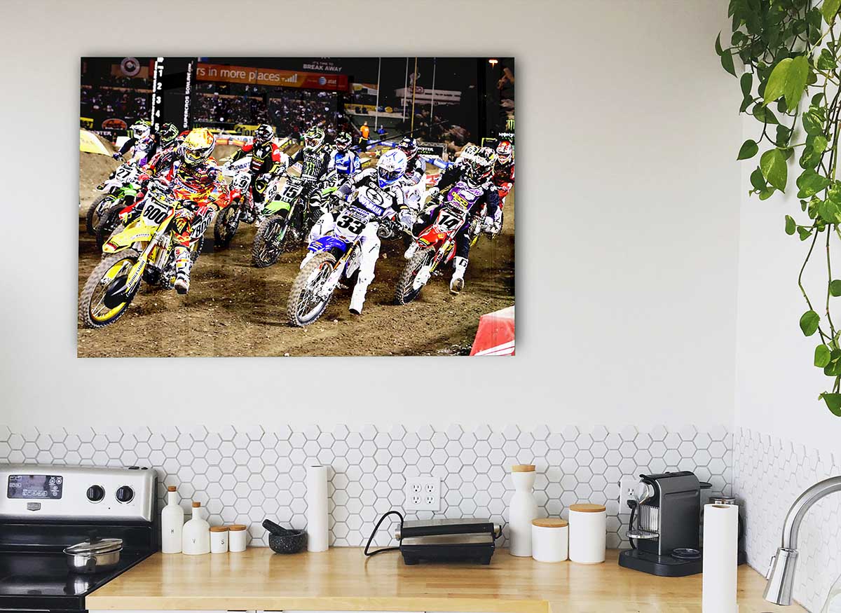 Ama Motorcross glass print featuring vibrant colors and modern design, perfect for stylish home decor.