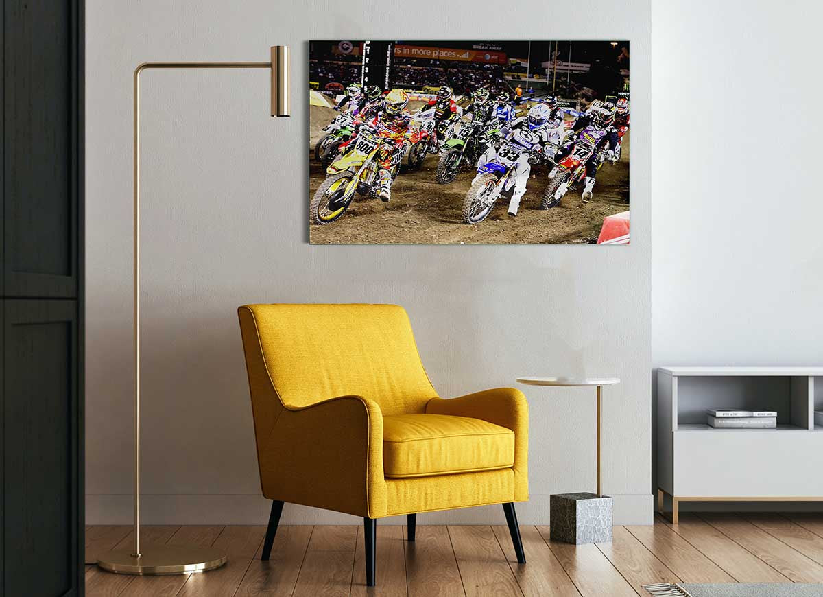 Ama Motorcross glass print featuring vibrant colors and modern design, perfect for stylish home decor.