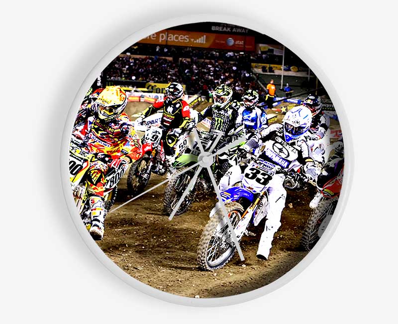 Ama Motorcross bamboo clock with a round face, available in black, white, and natural frame colors, featuring a clear Plexiglas lens.