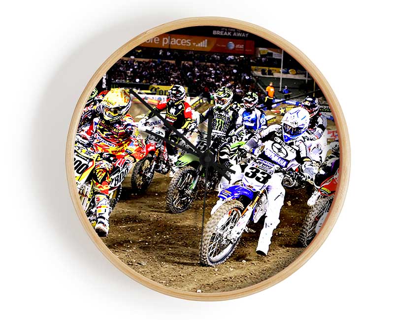 Ama Motorcross bamboo clock with a round face, available in black, white, and natural frame colors, featuring a clear Plexiglas lens.