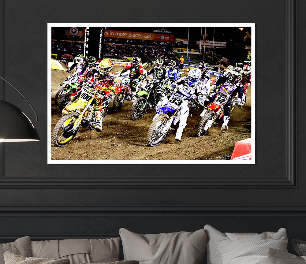 Ama Motorcross poster printed on high-quality canvas, showcasing vibrant colors and dynamic design.