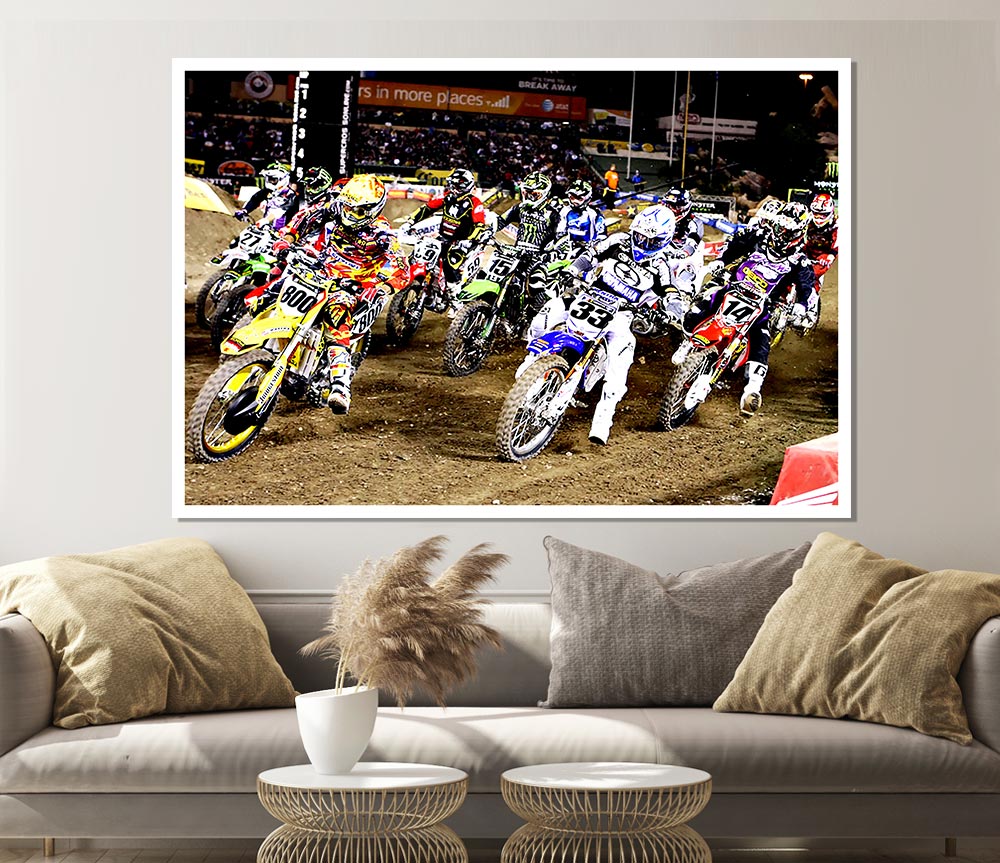 Ama Motorcross poster printed on high-quality canvas, showcasing vibrant colors and dynamic design.