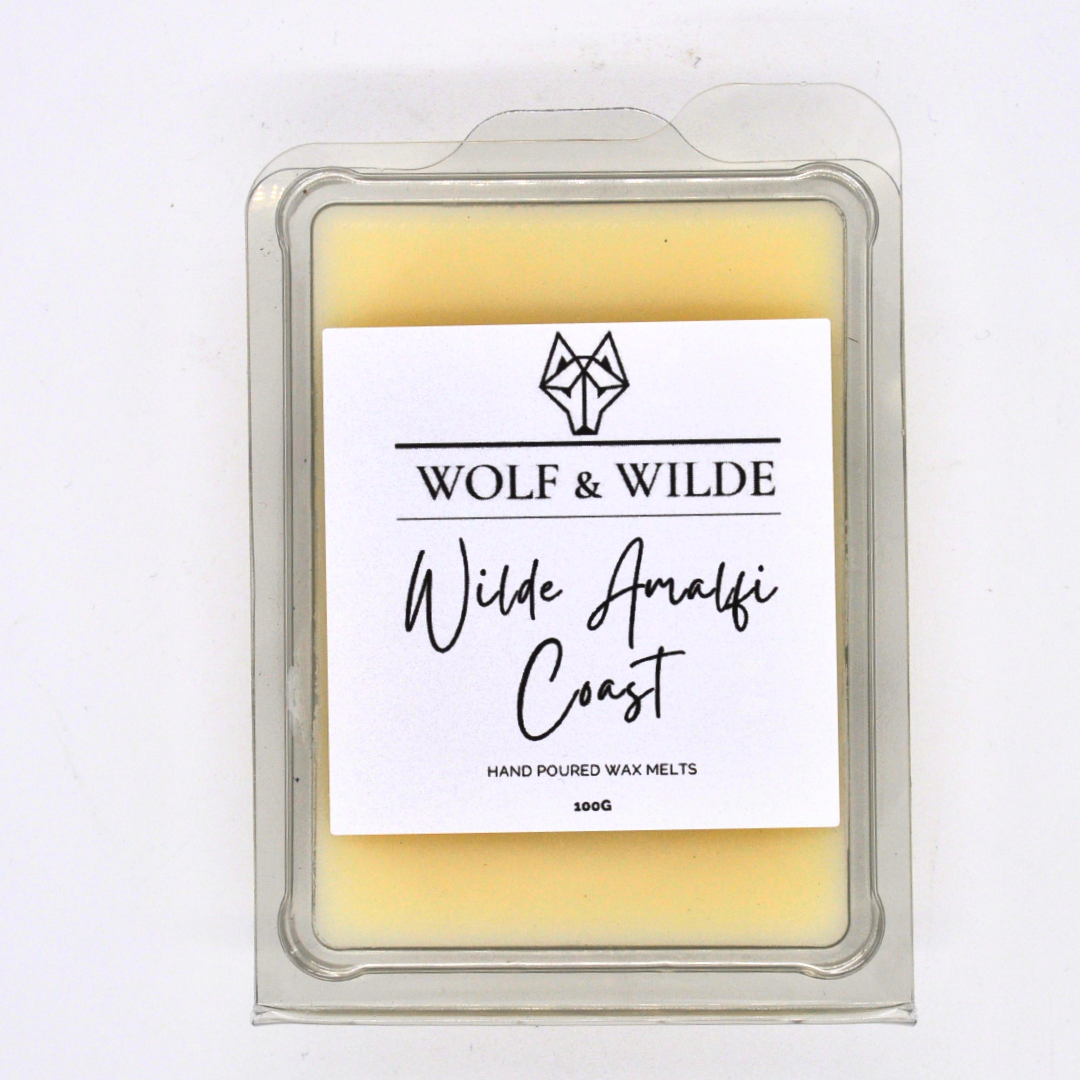 Amalfi Coast Soy Wax Melts in a decorative package, showcasing vibrant citrus and herbal notes.