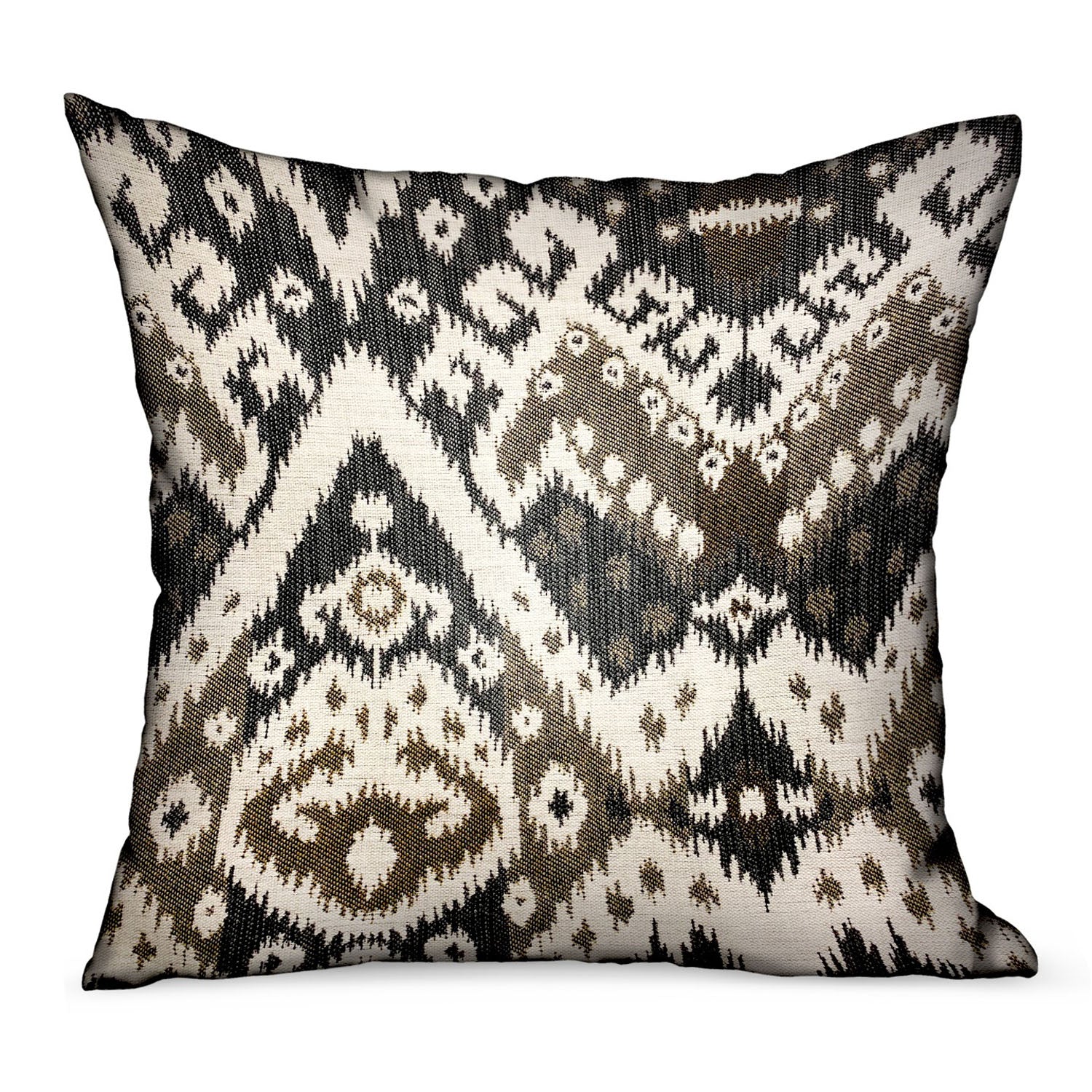 Amare Dream Brown Ikat Luxury Outdoor/Indoor Throw Pillow featuring a stylish Ikat pattern, durable Sunbrella fabric, and a hidden zipper.