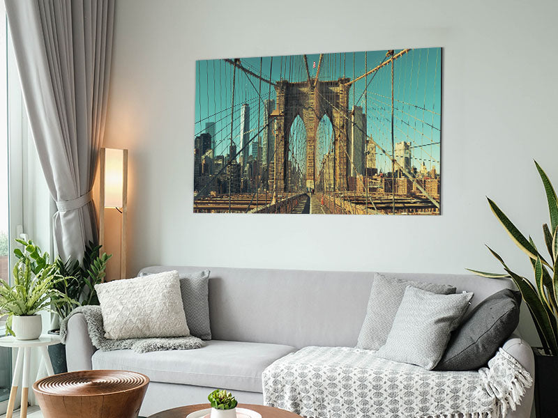 A stunning artwork of the NYC Bridge printed on brushed aluminium dibond, showcasing modern design and vibrant colors.