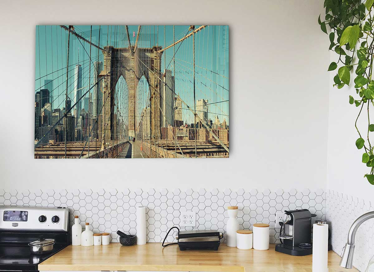 A modern glass print featuring the iconic NYC bridge, showcasing vibrant colors and intricate details.