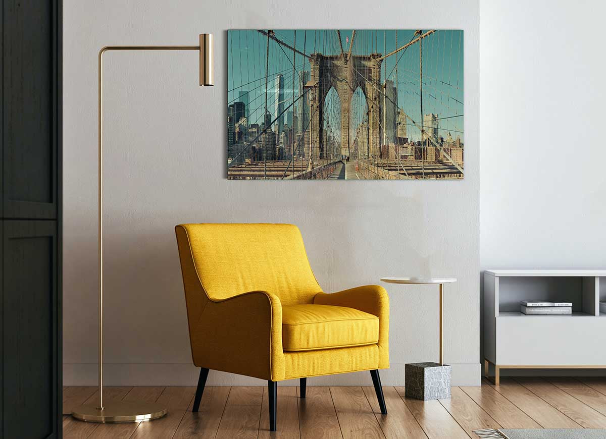 A modern glass print featuring the iconic NYC bridge, showcasing vibrant colors and intricate details.