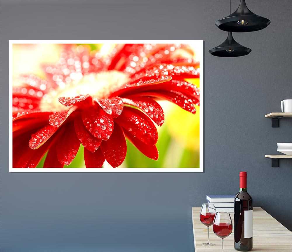 A vibrant red flower poster printed on high-quality canvas, showcasing intricate details and rich colors, perfect for home decor.