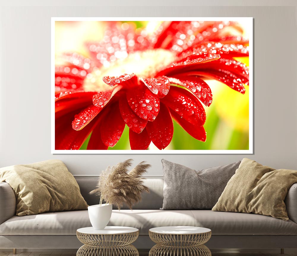 A vibrant red flower poster printed on high-quality canvas, showcasing intricate details and rich colors, perfect for home decor.