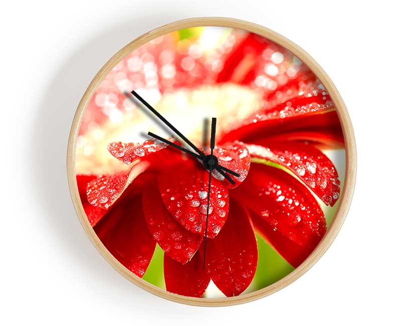 Amazing Red Flower clock made from natural bamboo with a vibrant red flower design, featuring a clear Plexiglas lens.