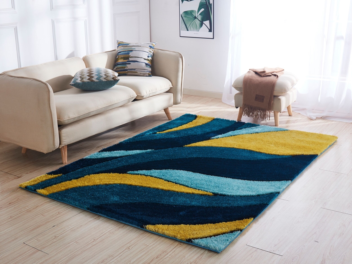 Modern living room with abstract rug.