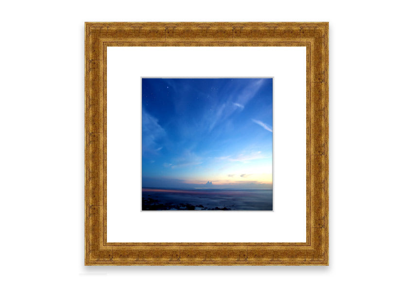 A beautifully framed print of the Amazing Sky over Cornwall, showcasing vibrant colors and stunning landscape details.