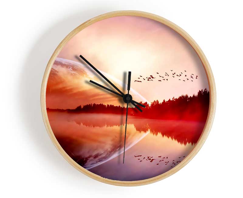 Amazing Sunrise Lake clock made from natural bamboo with a round face and clear Plexiglas lens, available in black, white, and natural frame colors.