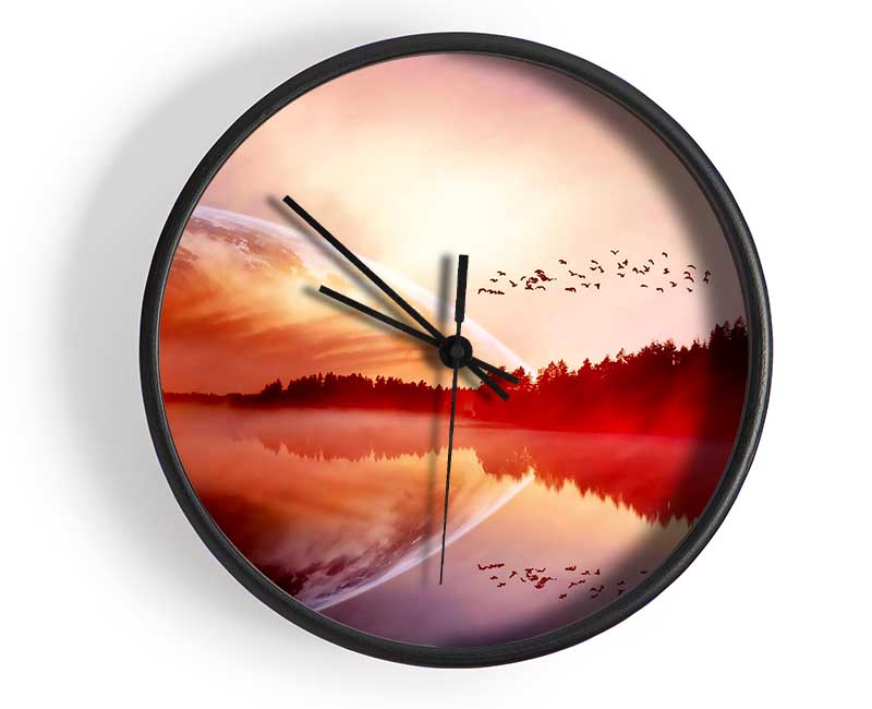 Amazing Sunrise Lake clock made from natural bamboo with a round face and clear Plexiglas lens, available in black, white, and natural frame colors.