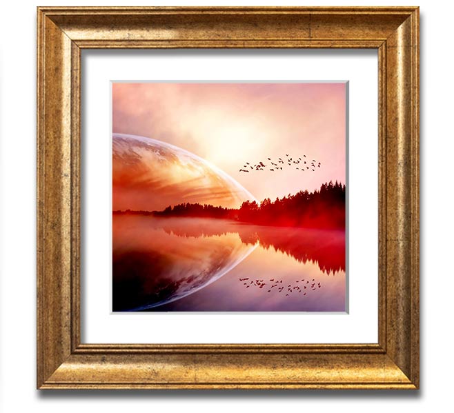 A beautifully framed print of a serene sunrise over a tranquil lake, showcasing vibrant colors and a peaceful atmosphere.