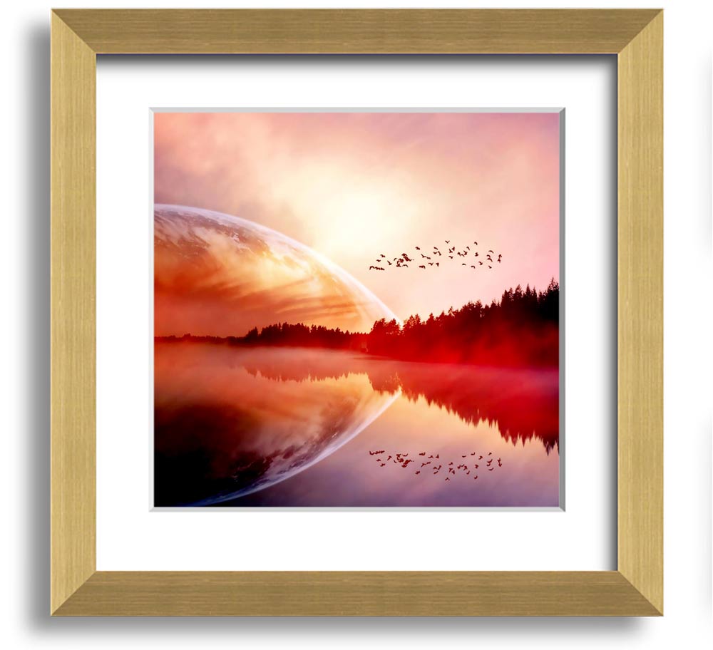 A beautifully framed print of a serene sunrise over a tranquil lake, showcasing vibrant colors and a peaceful atmosphere.