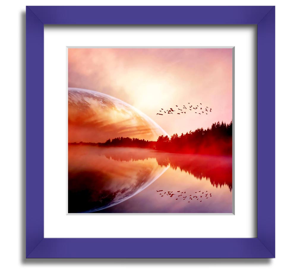 A beautifully framed print of a serene sunrise over a tranquil lake, showcasing vibrant colors and a peaceful atmosphere.