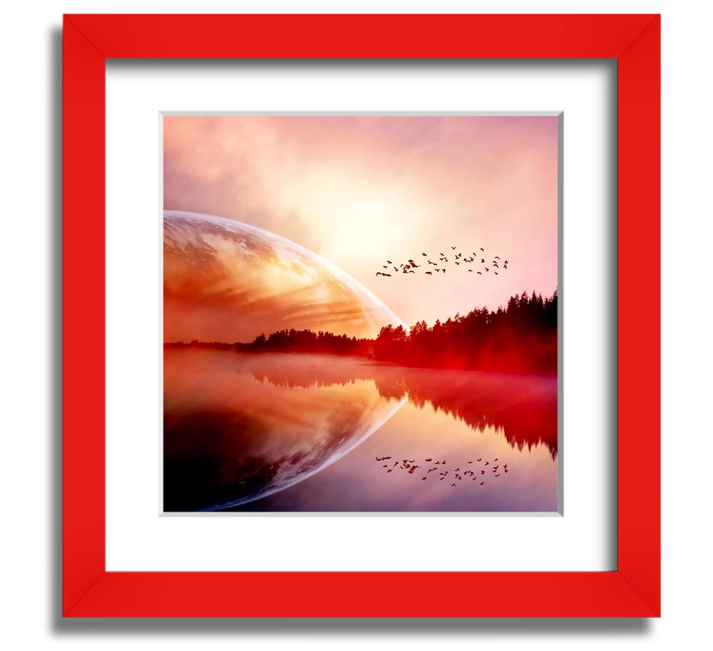 A beautifully framed print of a serene sunrise over a tranquil lake, showcasing vibrant colors and a peaceful atmosphere.