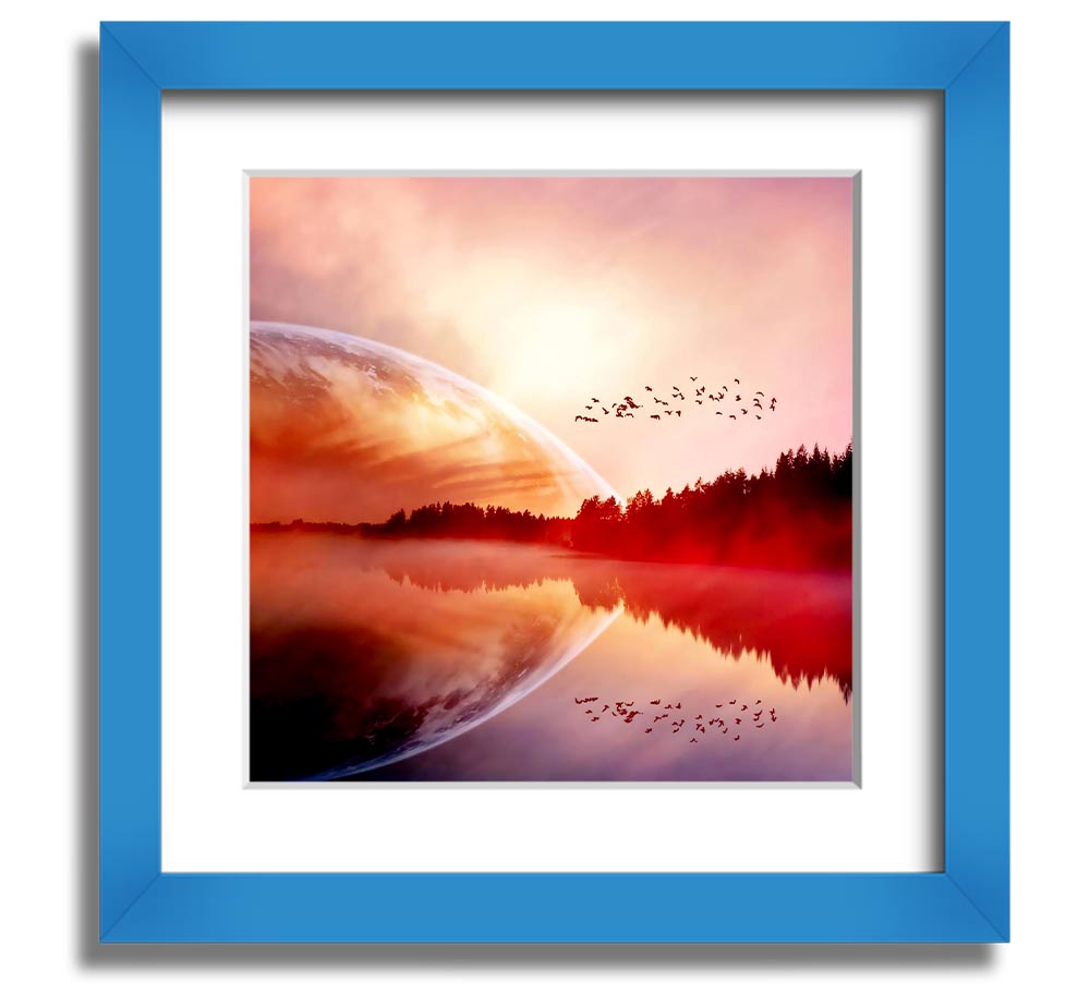 A beautifully framed print of a serene sunrise over a tranquil lake, showcasing vibrant colors and a peaceful atmosphere.