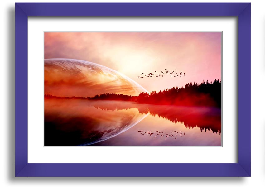 A beautifully framed print of a serene sunrise over a tranquil lake, showcasing vibrant colors and a peaceful landscape.