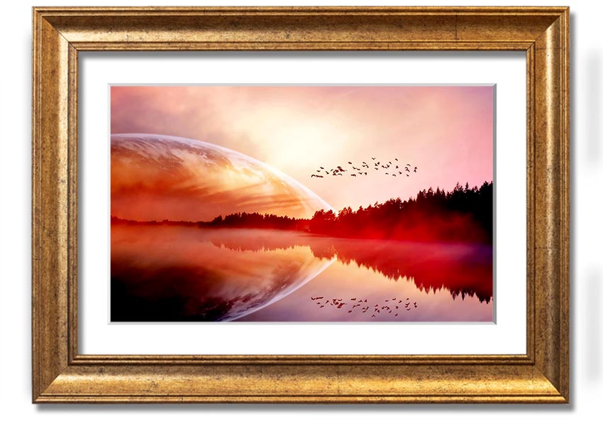 A beautifully framed print of a serene sunrise over a tranquil lake, showcasing vibrant colors and a peaceful landscape.