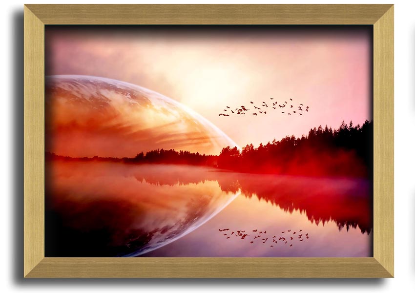 A beautifully framed print of a serene sunrise over a tranquil lake, showcasing vibrant colors and a peaceful landscape.