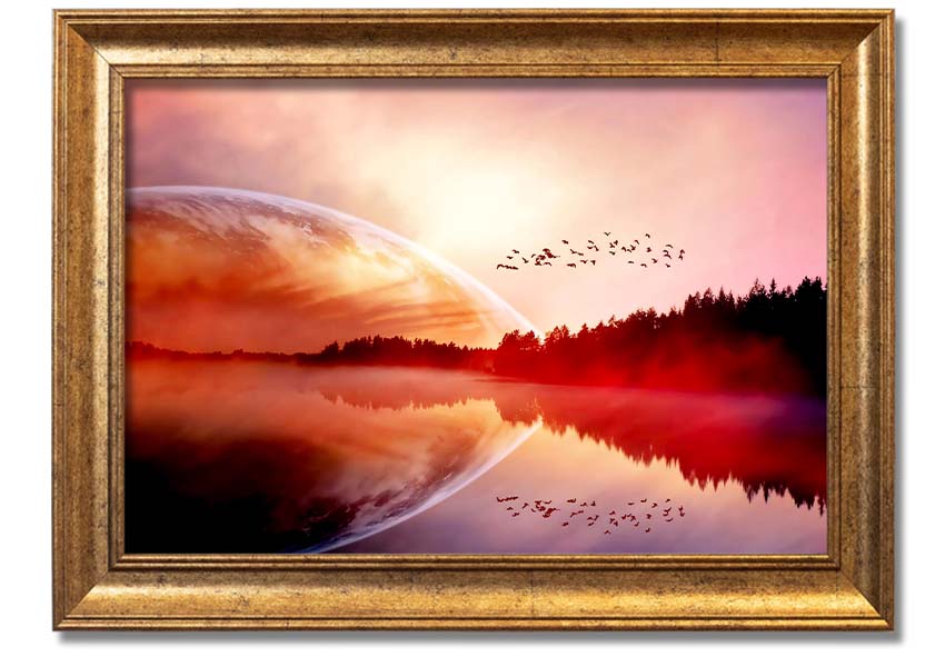 A beautifully framed print of a serene sunrise over a tranquil lake, showcasing vibrant colors and a peaceful landscape.