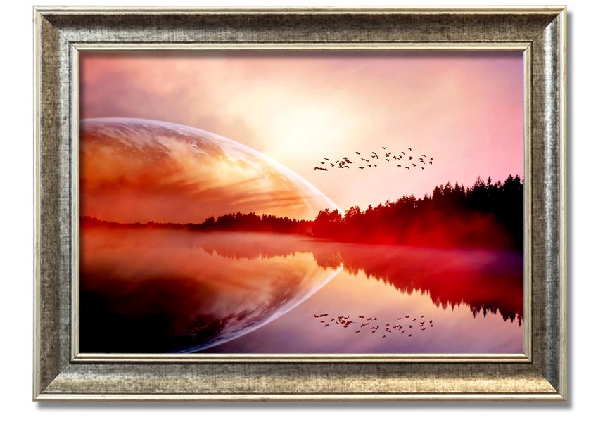 A beautifully framed print of a serene sunrise over a tranquil lake, showcasing vibrant colors and a peaceful landscape.